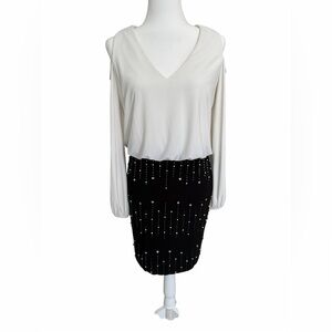 DJ-Jaz Black White Embellished Beaded Cold Shoulder Long Sleeve Evening Dress 4